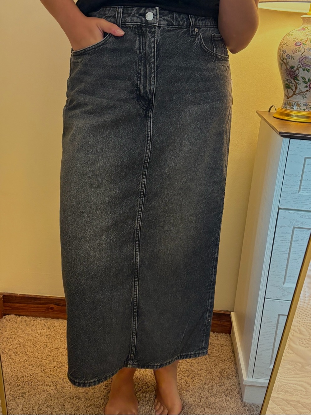 H&M Black Washed Denim Midi Skirt
